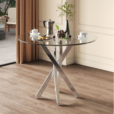 Runder Esstisch, 808075 Tischplatte aus gehärtetem Glas, moderner Esstisch, galvanisierte Tischbeine, Kaffee-Freizeittisch, moderner einfacher Esstisch, Silber (1/5)