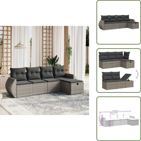 5-tlg. Garten-Sofagarnitur mit Kissen Grau Poly Rattan - Gartensortiment - Outdoor-Möbel - Gartenlounge - Lounge Set - Rattanmöbel (1/5)