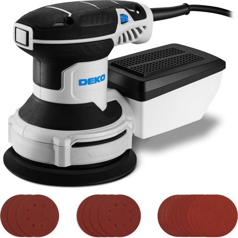 300W Ponceuse Orbitale Excentrique, 6 Vitesses, 14000RPM, Papier Abrasif 16 Pièces, Patin de Ponçage 125mm, Collecteur de Poussière, pour Surfaces en Bois et Acier,Bleu-gris (1/5)