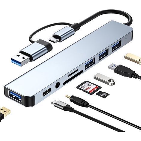 Hub USB-C - Répartiteur USB - Station d'accueil - Lecteur de cartes SD - Transfert de données rapide jusqu'à 5 Gbit/s et lecteur de cartes SD/TF - 1 pièce - Argent