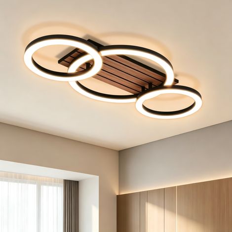 ZMH Plafonnier LED 58CM Noir Design Moderne 3 Anneaux Aspect Bois 3000K 21W Blanc Chaud Pour Salon Chambre Salle Manger (1/5)