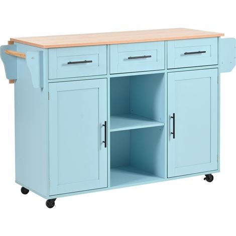 Carro de cocina azul con tablero efecto madera 139x46x91,5 cm con ruedas y estante abatible (1/5)