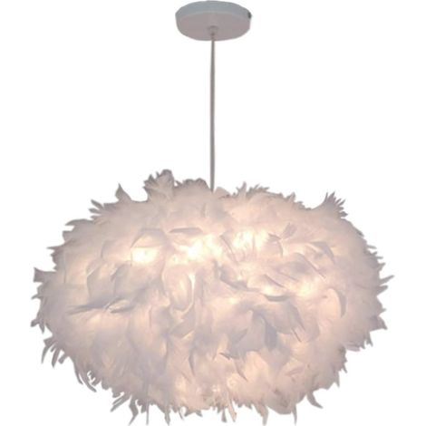 Lustre suspension en plumes blanches 45cm 40W E27, plafonnier déco chambre/salon, abat-jour blanc (1/5)