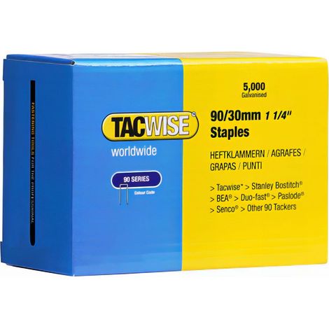 Tacwise – Lot de 5000 agrafes galvanisées type 90 L 30 mm – Pour agrafeuse portative – Fixation bois dur – Compatible agrafeuses pneumatiques