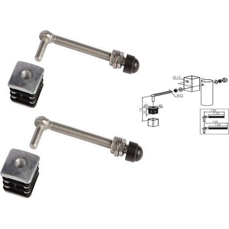Locinox – 2 charnières M12 en acier inoxydable pour portillon de jardin – Bouchons alu 40x40mm – Longueur 150mm – Montage sans soudure