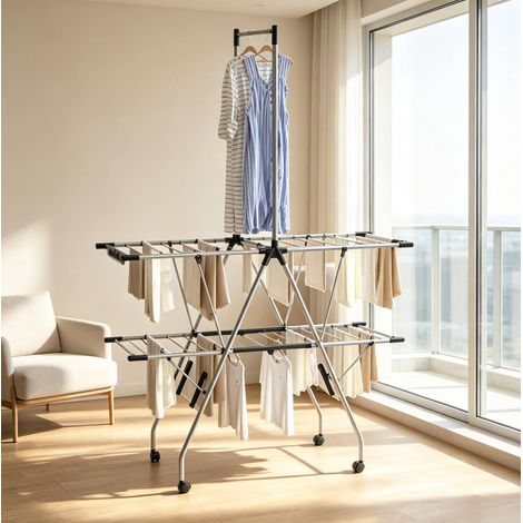 Stendibiancheria pieghevole con ruote OKWISH in acciaio inox e PP, nero e argento (1/5)