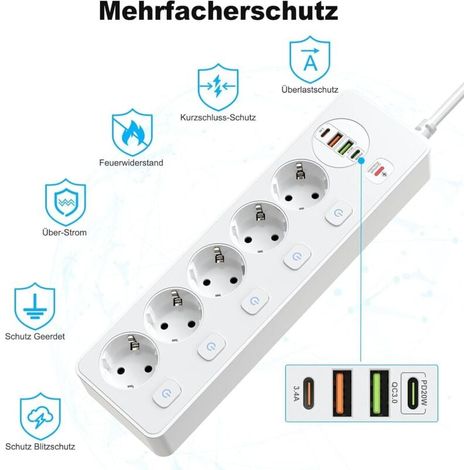 Multiprise 5 Prises Commutables Individuellement, Multiprise Avec 2 Usb A Et 2 Usb C, 5 Prises Avec Interrupteur, Montage Mural Avec CâBle D'Extension De 2 M, Pd 20 W, Blanc (1/4)