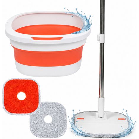 Set mocio Relaxdays, secchio 3,8L con strizzatore, salvaspazio, HLP 18x34,5x34,5 cm, 2 panni, bianco-arancione (1/5)