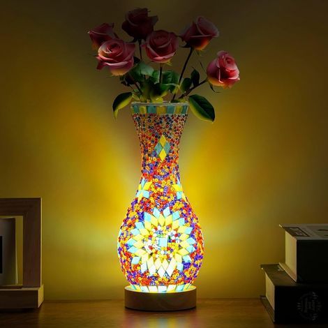 Rétro lampe de vase en mosaïque turque lampe de table marocaine turque vase en verre fait à la main coloré avec base en bois pour fleurs USB charge décor lumière pour chambre Ambient (1/5)