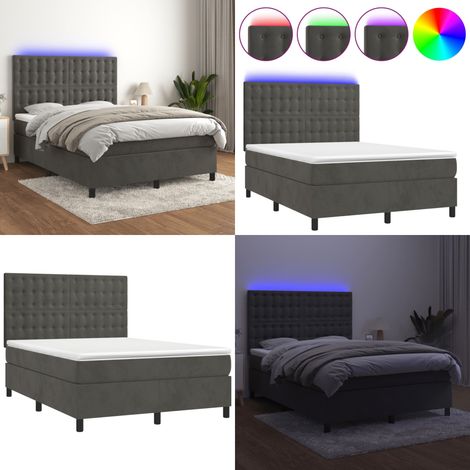 Cama box spring colchón y LED terciopelo gris oscuro 140x190 cm - Colchón LED - Terciopelo gris oscuro