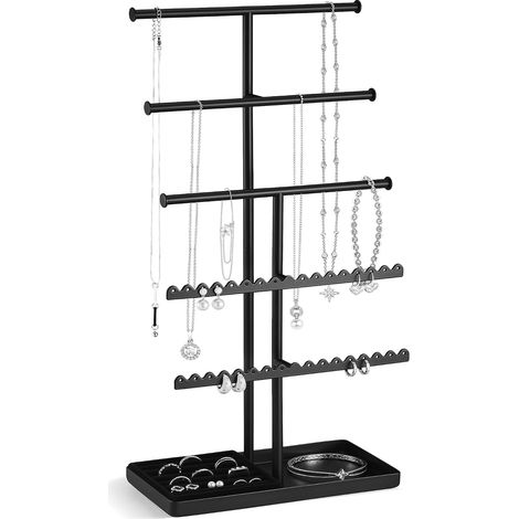 Présentoir à Bijoux en Métal à 5 Niveaux, Porte-Bijoux en Forme de T avec Plateau, Support pour Colliers, Bracelets, Boucles d’Oreilles et Bagues -Noir (1/5)