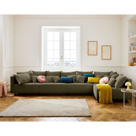 Lisa Design – Canapé modulable d'angle réversible 5 places – Velours côtelé vert – Coussins déhoussables – Structure en bois massif (1/5)