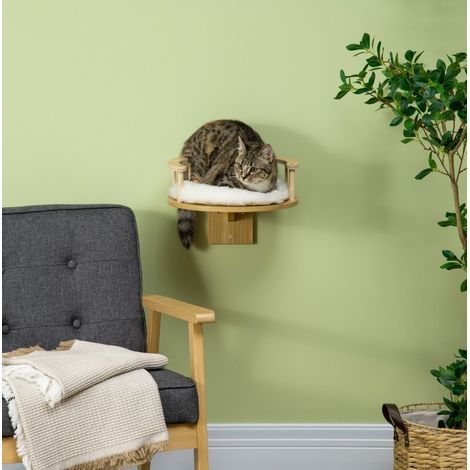 Cama mural para gatos con borde de protección y cojín, roble y blanco crema, Ø34 x 10,5 cm (1/5)