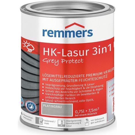 Remmers HK-Lasur 3in1 Grey Protect [plus] platingrau, matt, 0,75 Liter, Holzlasur, Premium Holzlasur außen, natürliche Grautöne, 3in1 Holzschutz