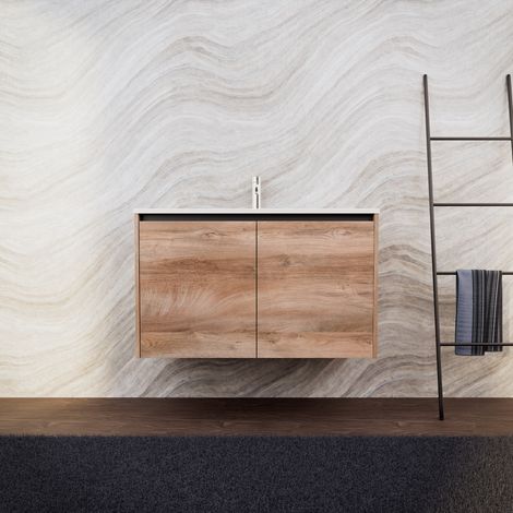 Inda - Badezimmerschrank B.100 mit mattiertem Waschbecken / Natureiche 2 Türen - Saphir