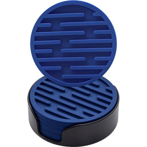 Lot de 6 sous-verres en silicone de 10 cm de diamètre (Bleu Marine) avec supports, sous-verres ronds antidérapants, adaptés aux mugs, sous-verres à boire