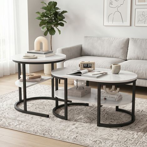 ADWOLT Lot de 2 Tables Basses Gigognes - Structure en Métal - Moderne Table d'appoint Rondes -Plateau aspect marbre- Blanc et Noir -80 x 46 x 41 cm et Ø52cm
