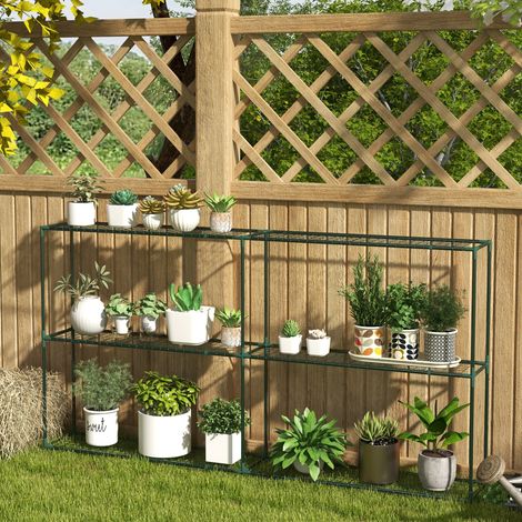 Étagère à fleurs à trois niveaux, idéale pour les serres, abris de jardin et garages. Dimensions : 222 x 30 x 114 cm, vert foncé. (1/5)