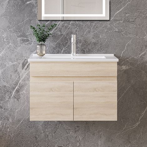 Ocean 59x38.5x40cm Meuble de salle de bain, meuble sous vasque, avec vasque en céramique, double porte, suspendu, chêne
