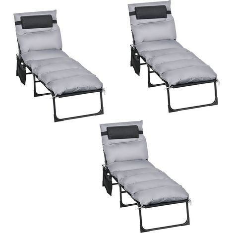 3er-Set klappliege Garten 120 kg Belastbarkeit 5-stufig neigbare Rückenlehne mit Kopfkissen 58 x 189 x 32,5 cm Stahl Polyester Hellgrau