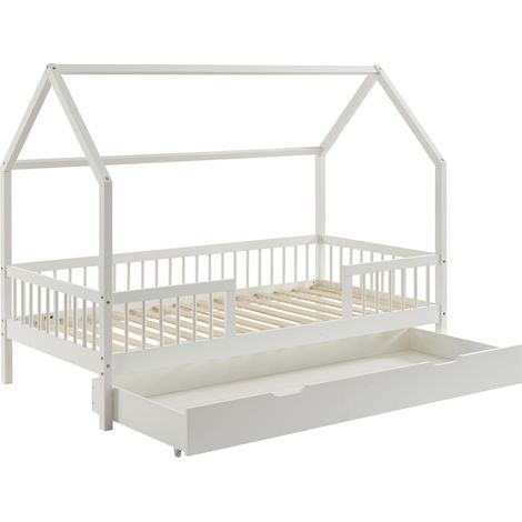 Lit cabane avec barrières Tiny pin Massif Blanc 90x190cm sommier Inclus+tiroir (1/5)