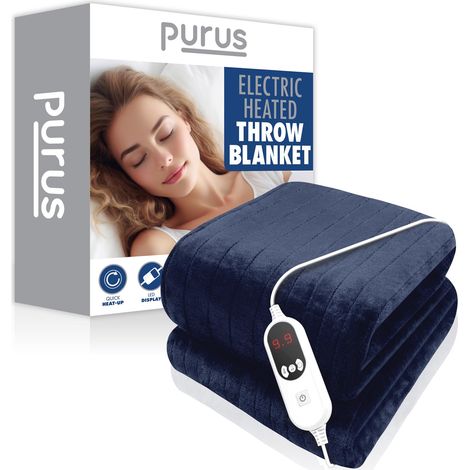 Purus Navy XL Heated Throw Electric Blanket 180 x 130cm Micro Fleece 9 Heat Settings 12 Hour Timer (1/5)