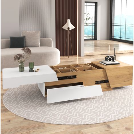 Tavolino da salotto allungabile con contenitori, 120 x 50 x 37,5 cm, bianco e legno DESVIAE (1/5)