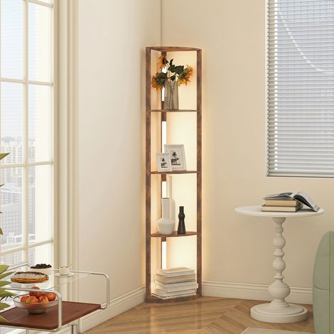 Lampadaire LED avec étagères, gradation 5 niveaux, lampe moderne avec 3 niveaux de luminosité et interrupteur au pied, marron rustique (1/5)