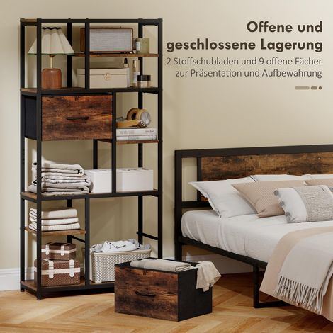 Étagère de rangement en acier marron et noir, 2 tiroirs en tissu, 9 casiers ouverts, meuble autoportant à compartiments