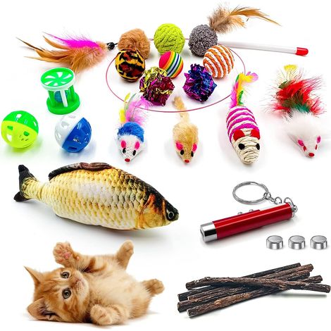 Jouets Chat, 23 Pièces Lot de Jouets pour Chaton Intérieur, Jeu Interactif avec Plumes Baguette pour Chaton, Cataire Jouet Poisson, d'herbe à Chat Naturel Matatabi (1/5)