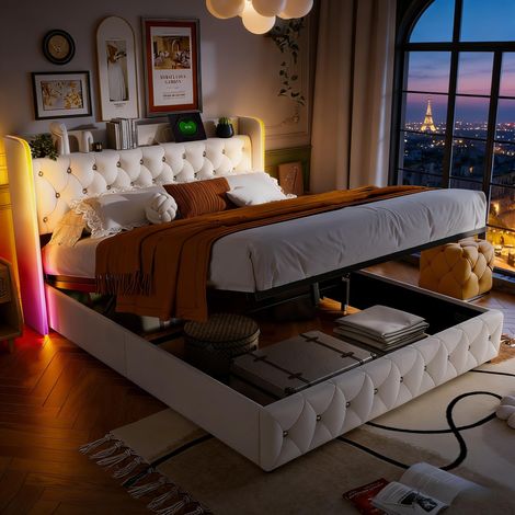 Lit Coffre 140x200cm avec Sommier à Lattes et LED RGB, Lit Double Adulte en Velours Beige avec Rangement Hydraulique, Tête de Lit Rembourrée Éponge 5cm avec Ports USB/Type-C, Design Moderne (1/5)