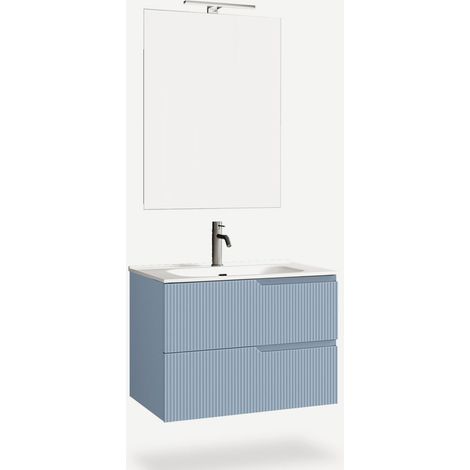 Hängende Badezimmerwaschtisch mit Spiegel und LED-Beleuchtung, 80 cm, Modell Venere - Hellblau