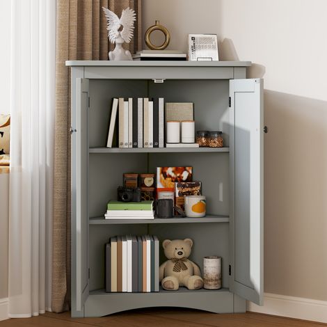Meuble d'angle gris pour salle de bain – Meuble triangulaire autoportant à 2 portes et 3 étagères, panneau MDF de haute qualité avec surface laquée, gain de place pour salle de bain, cuisine, salon (6 (1/4)