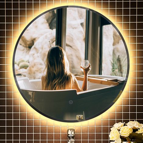 Miroir lumineux de salle de bain à LED – Éclairage tactile anti-buée 3000K – Ø 70 cm – Cadre blanc écologique – Oobest (1/4)