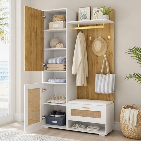 MEUBLIV Vestiaire d'entrée 110x38x190 cm blanc et bois – miroir, LED 16 couleurs (1/5)