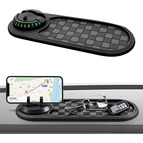 Tapis Antidérapant Multifonction pour Voiture, Support de Téléphone Portable Universel, Rotatif à 360° pour Tableau de Bord de Voiture avec Numéro De Stationnement Temporaire, Clé(Noir) (1/5)