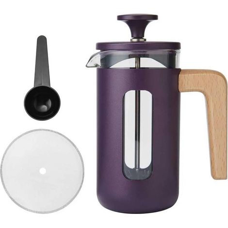 La Cafetière Caffettiera Pisa durevole di acciaio inox, capacità 3 tazze, pressa francese resistente al calore, manico elegante di legno naturale, stantuffo per caffè e tè, 350 ml, Viola