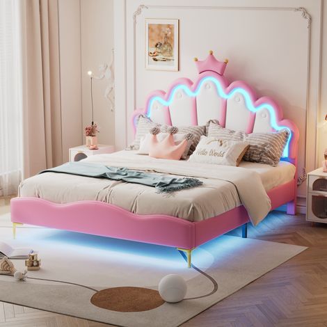 Lit double plat de 140 à 200 cm,lit princesse en forme de couronne,rembourrage en cuir PU souple,bande lumineuse LED réglable,rose