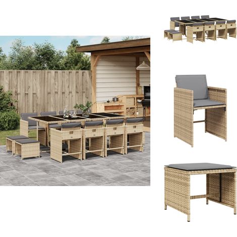13-tlg. Garten-Essgruppe mit Kissen Beigemischung Poly Rattan - Gartenmöbel Set - Gartentisch - Gartenstühle - Gartenhocker - Rattan Möbel (1/5)