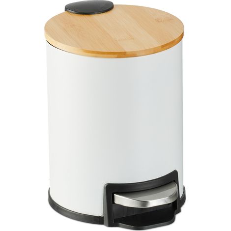 Relaxdays Mülleimer Bad, 3 l, Kosmetikeimer Absenkautomatik, Bambusdeckel, entnehmbarer Inneneimer, Treteimer, weiß