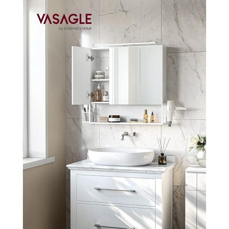 VASAGLE Armadietto da Bagno con Specchio, Mobile a Parete con Luci LED, Mobiletto a 3 Ante, Ripiano Regolabile, Porta Asciugacapelli, Cestino, Moderno, Bianco (1/7)