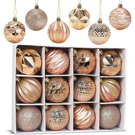 Bardusch-12 boules Noël or rose Ø6 cm plastique incassable, suspension sapin mariage maison (1/4)