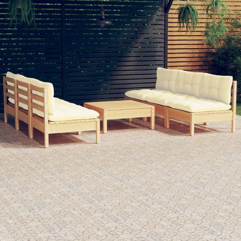 7-tlg. Garten-Lounge-Set mit Creme Kissen Kiefernholz (1/5)