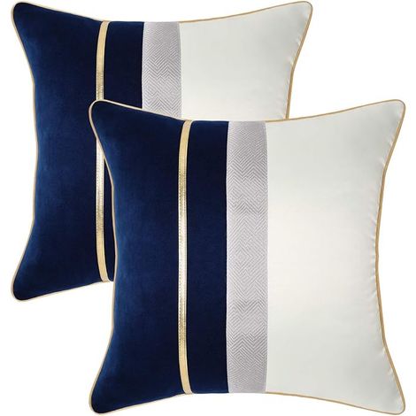 Housse de Coussin Bleu Marine et Blanc 45x45cm, Patchwork Cuir Or, Décoration Élégante pour Canapé et Lit Lot de 2 (1/4)