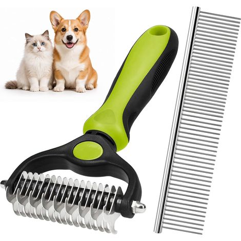 2-in-1 Double-Sided Brush Kit 17+9 Teeth + 63 Teeth Steel Comb Undercoat Detangler for Dog Cat Removes Knots and Dead Hair, Grooming Tool, Green (1/5)