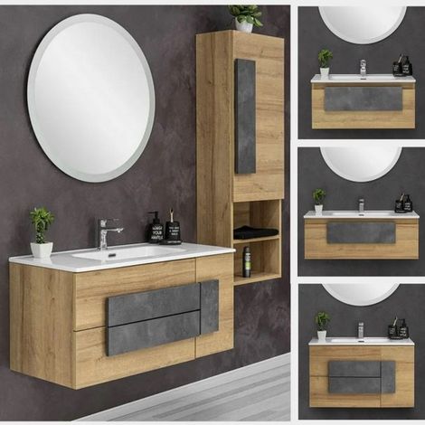 Bagno Italia Mobile bagno 100 cm con 2 cassetti e 1 anta arredo sospeso rovere lavabo e specchio (1/5)