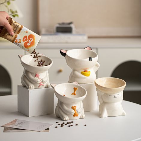 Gamelle en céramique « Lucky Cat » — Design ergonomique préservant les cervicales Gamelle pour nourriture et eau Mangeoire inclinée pour animaux Anti-renversement (Convient aux chats et aux chiens) (1/5)