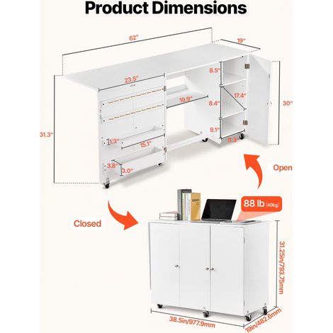 Table de couture pliante, table pour machine à coudre polyvalente pour maison, avec design compact, armoire, roulettes, chevilles en bois, plateaux de rangement, étagère, porte magnétique, blanc (1/5)