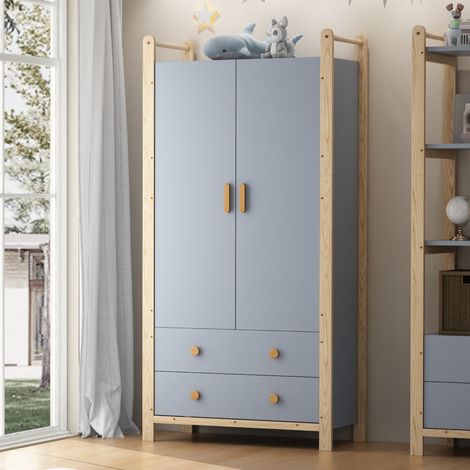 Garderobenset 90x44x180.5 cm und 70x44x180.5 cm blau/natur aus Massivholz und MDF mit Schubladen und Kleiderstange (1/5)