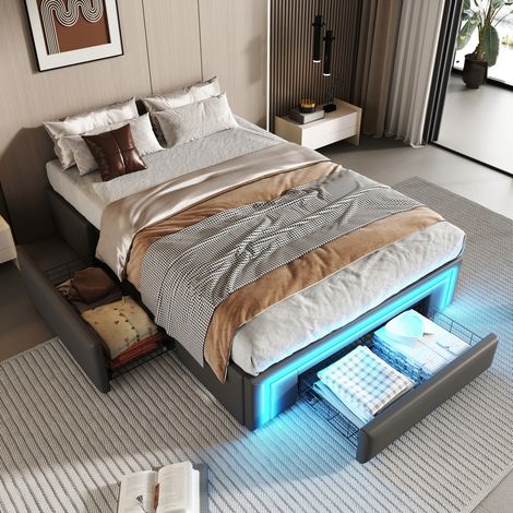 Lit simple 90x200 avec tiroirs sans tête de lit bande lumineuse LED en métal gris (1/4)